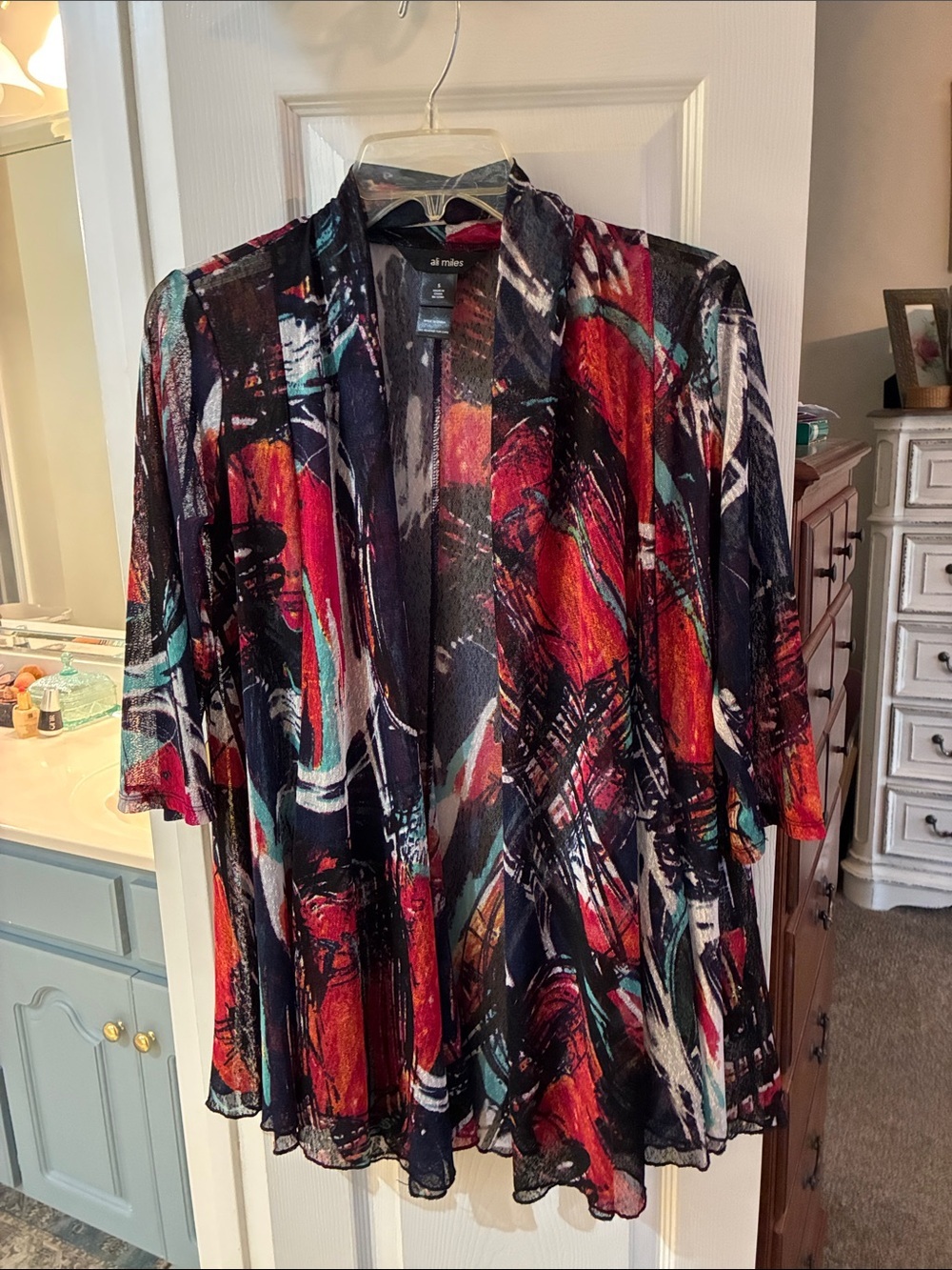 Ali Miles Abstract Paintbrush Stroke Print Open -Front Mesh Cardigan SZ S